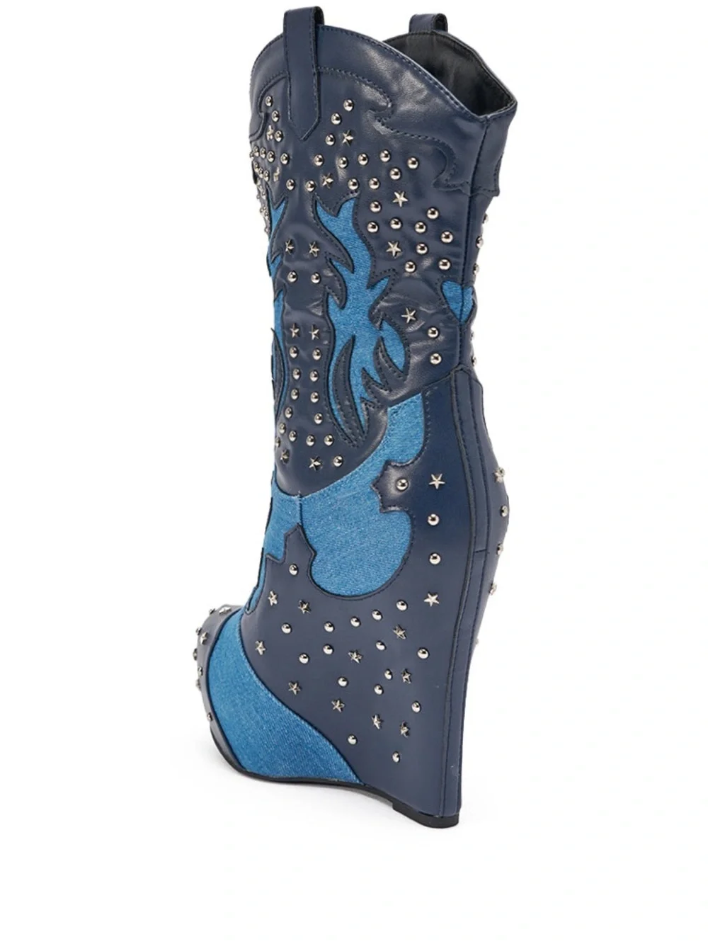 Women's Studded Navy Two-Tone Western Wedge Boots